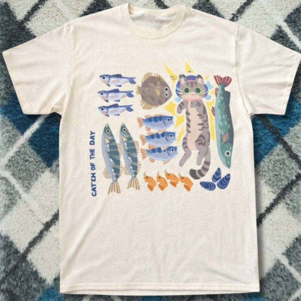 Catch Of The Day Cat Graphic Tee White Cute Fishing Cat Shirt